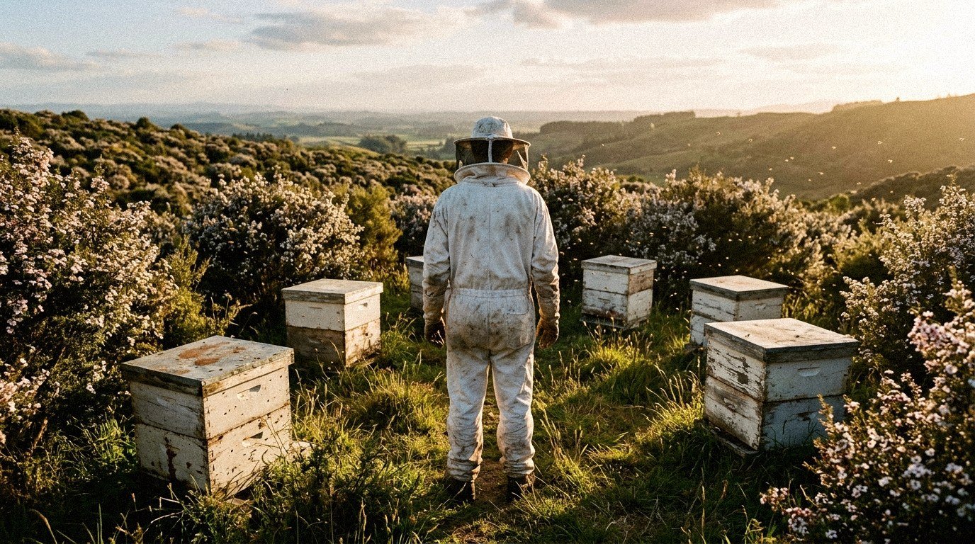 Beekeeper among hives in flowering mānuka scrub at evening