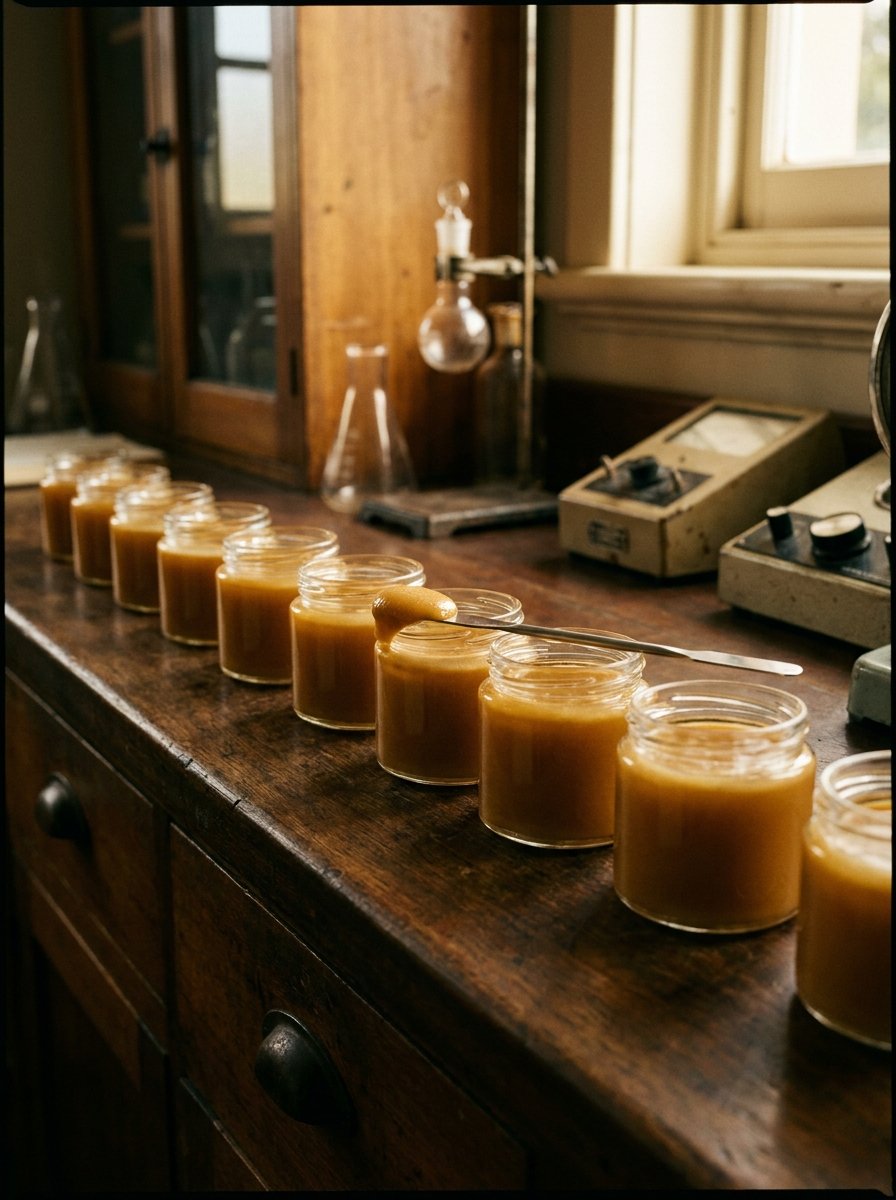 Laboratory sample pots of opaque mānuka honey on a timber bench