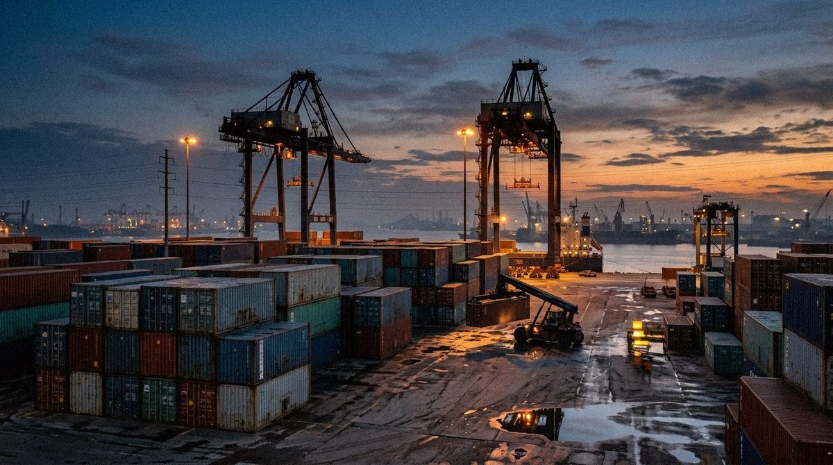 Shipping containers and gantry crane at dusk
