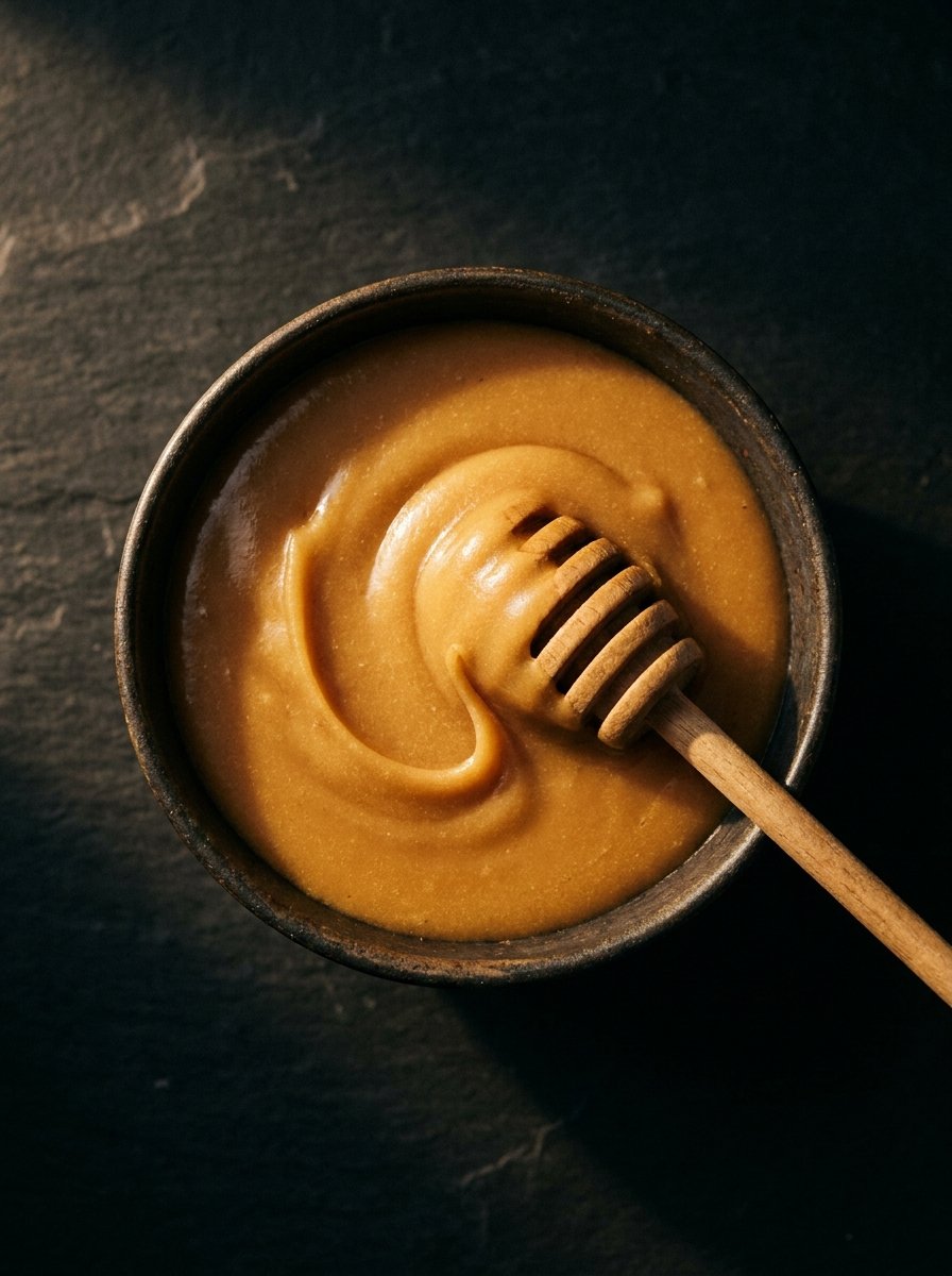 Thick opaque creamed mānuka honey in a dark bowl with a wooden dipper