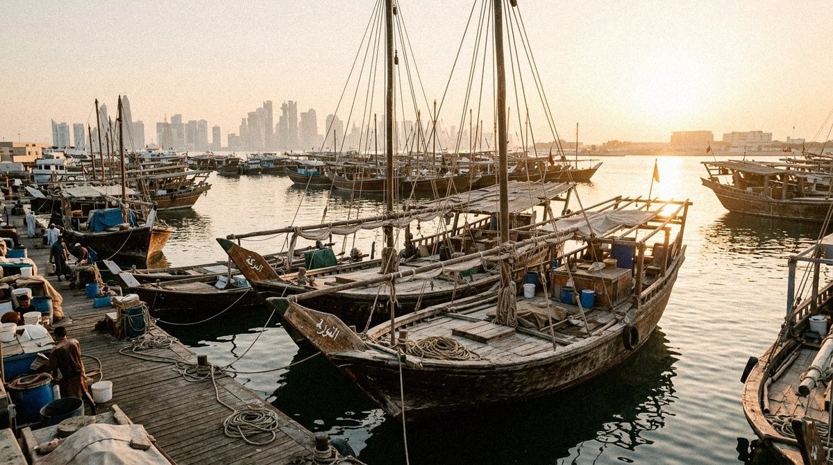 Dhow boats in a Gulf harbour at sunset