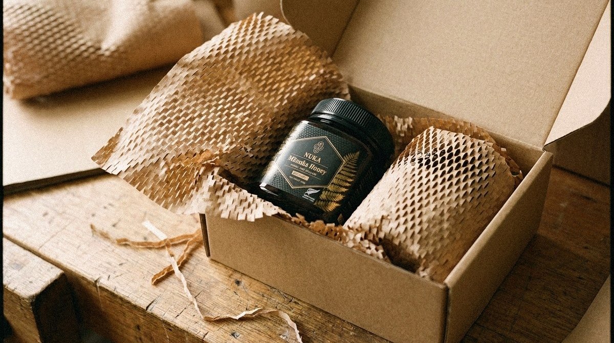 A Nuka Mānuka honey jar packed in a kraft shipping carton, ready for export