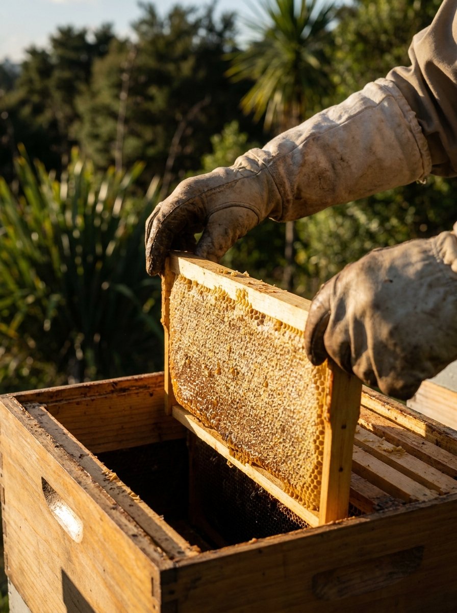 Beekeeper lifting a honeycomb frame from a hive