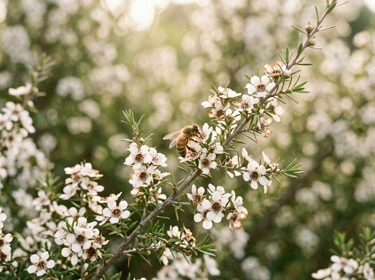 Bee foraging on white mānuka blossom