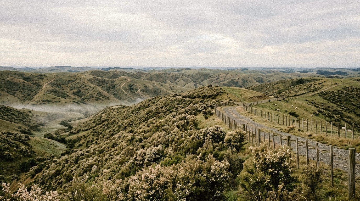 Flowering mānuka scrub country in New Zealand