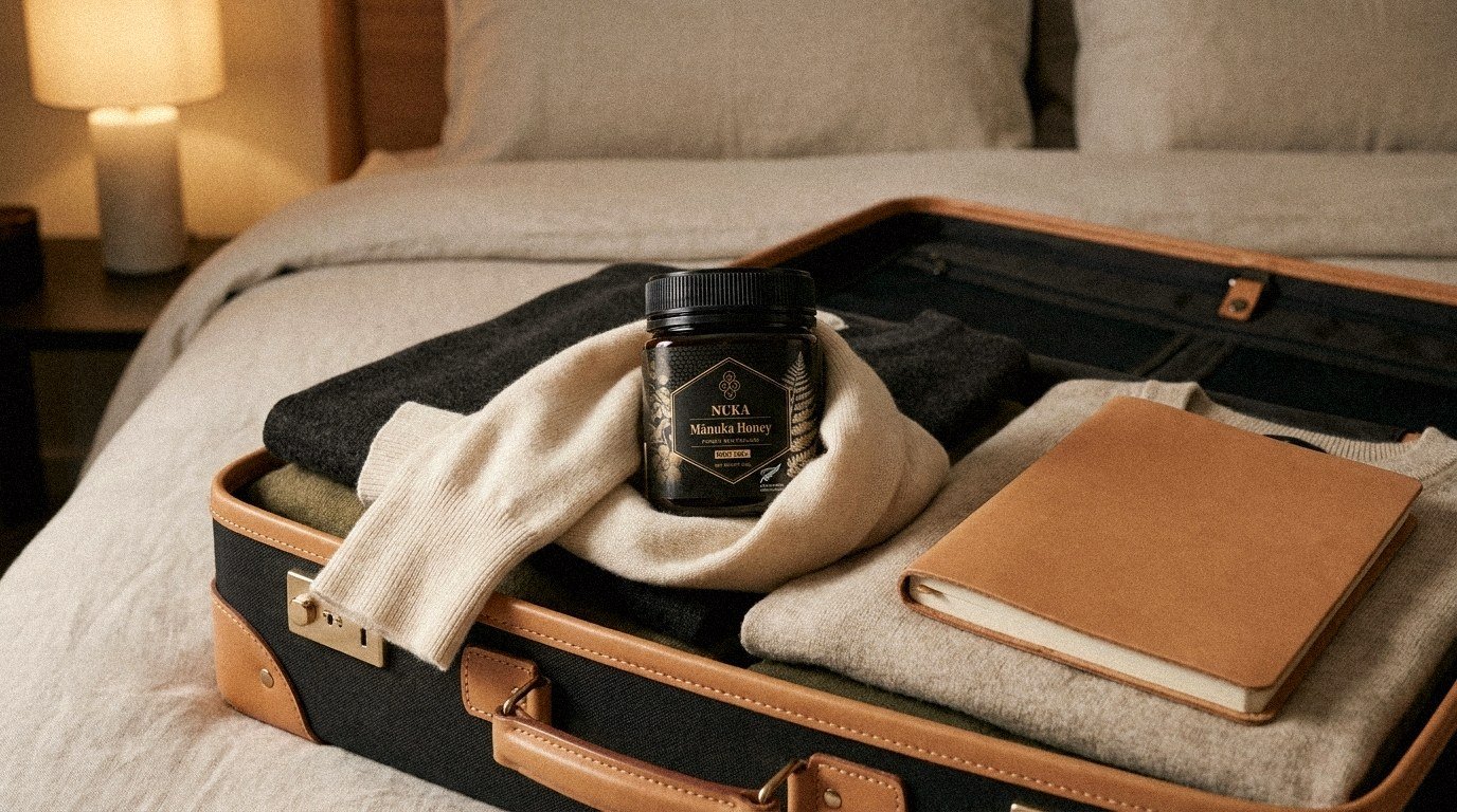 Nuka Mānuka honey jar packed with care in a suitcase, ready to travel
